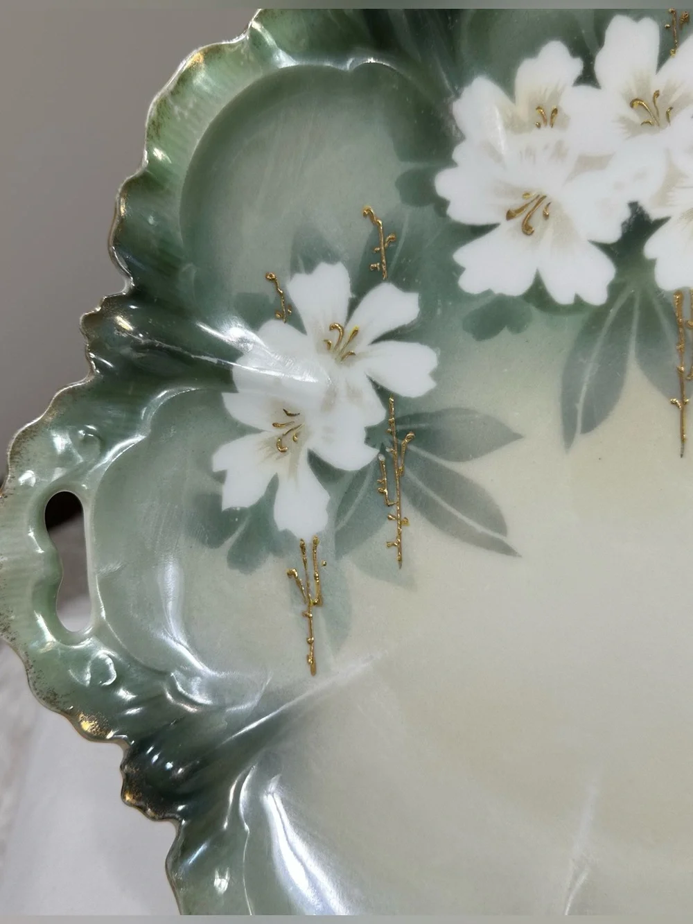 VTG RS Germany Handled Floral Serving Cake Tray Green White Gold Cherry Blossoms